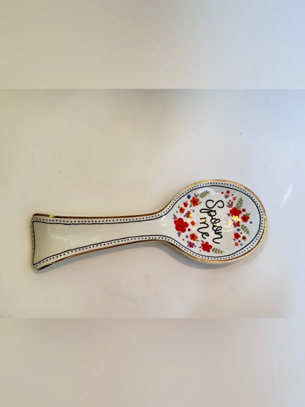 Decorative White Ceramic Spoon Rest with Red Floral Accents